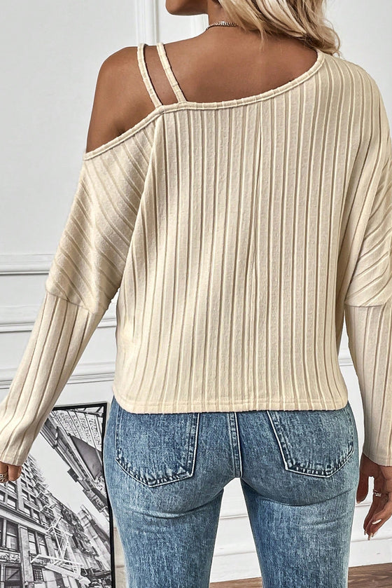 Apricot Ribbed Asymmetrical Neck Batwing Sleeve Twist Hem Top