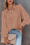 Khaki Solid Color Casual Button Up Puff Sleeve Pleated Shirt | Available in Other Colors