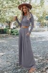 Black Plain Ribbed Crop Top & Wide Leg Pants Two Piece Pants Set | 3 Colors Available