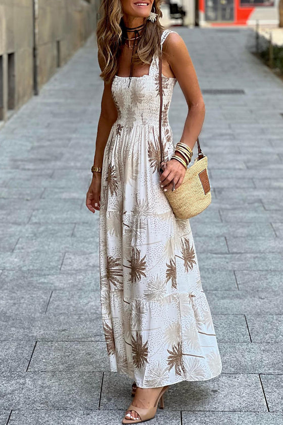 White Tropical Print Smocked Maxi Dress