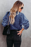 Dark Blue Rached Puff Sleeve Button-Up Denim Shirt