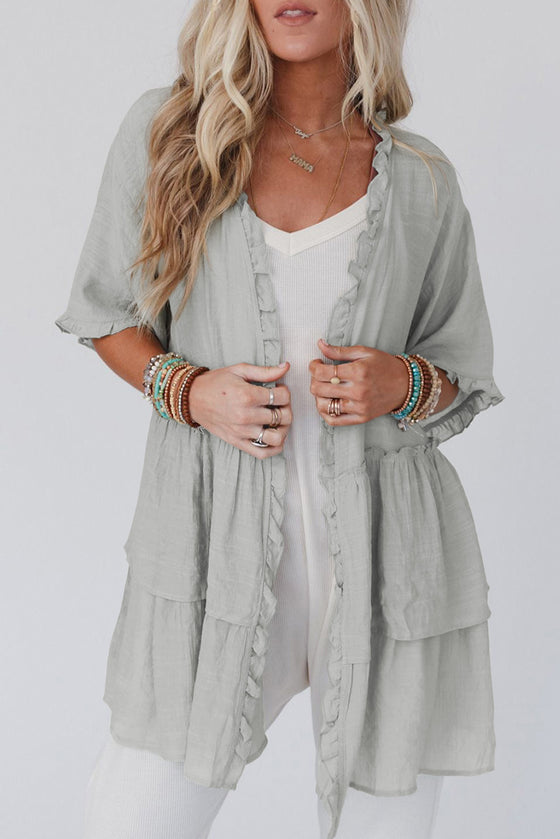 Green Ruffled Trim Short Sleeve Open Front Kimono | Available in Other Colors