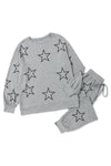 Black Stars Print Long Sleeve Top and Drawstring Pants Set | Available in Gray