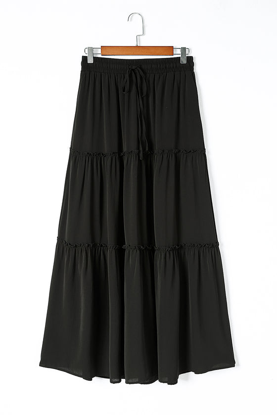 Black Casual Tiered Drawstring Elastic Waist Maxi Skirt