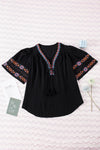 Black Boho Tassel Drawstring Embroidered Blouse