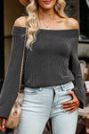 Gray Ribbed Off-Shoulder Balloon Sleeve Top