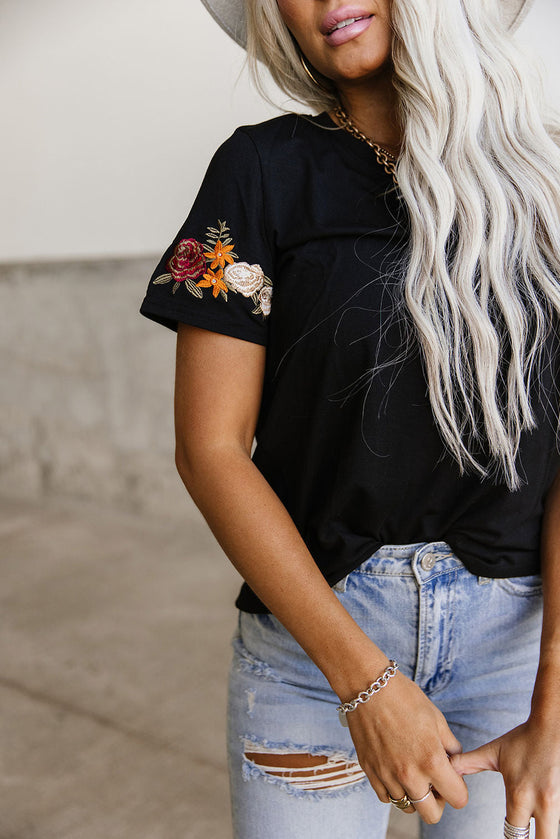 Black Casual Floral Embroidered T-Shirt