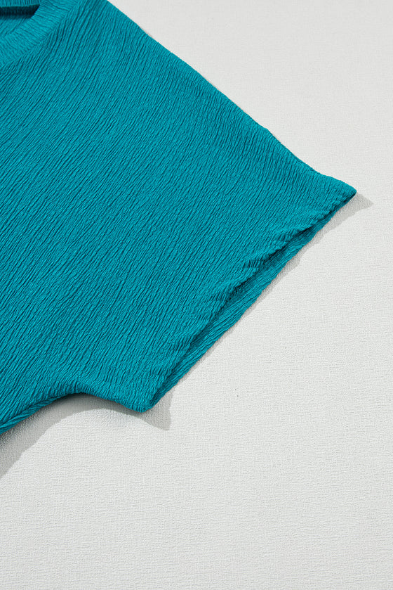 Blue Plain Crinkled V Neck T Shirt | Available in 6 Colors