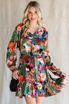 Abstract Print Waist Belted Long Sleeve Dress | Other Colors Available