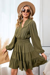 Green Solid Color Notch Neck Tiered Long Sleeve Dress