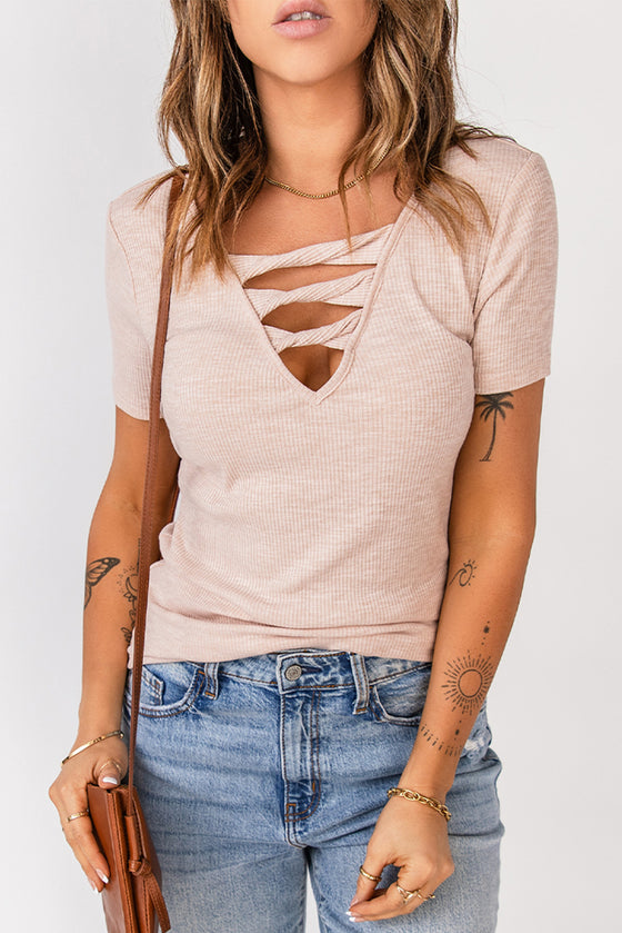 Blush Pink Ribbed Cut Out V Neck T Shirt | Available in Black