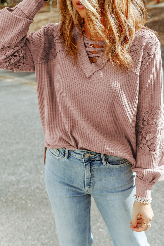 Pink Lace Waffle Knit Crisscross Straps V Neck Long Sleeve Top |Available in 2 Colors