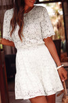 White Scalloped Floral Lace Crochet Short Sleeve Mini Dress