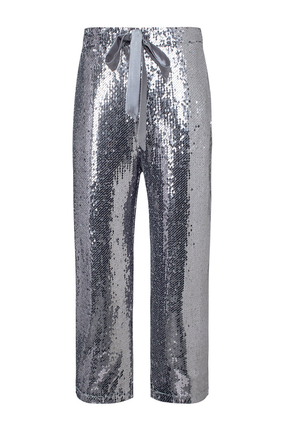 Silver High Waisted Drawstring Cropped Sequin Pants