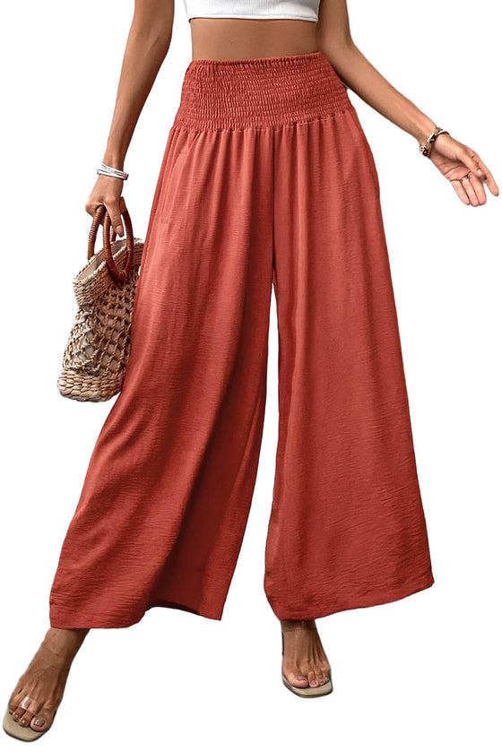 Red Smocked Pockets High Waisted Beach Pants