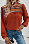 Burnt Orange Geometric Frilled Neck Puff Sleeve Blouse