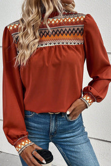  Burnt Orange Geometric Frilled Neck Puff Sleeve Blouse