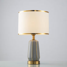  Simple Modern Ceramic Bedside Lamp with Drum Shade and Gold Trim