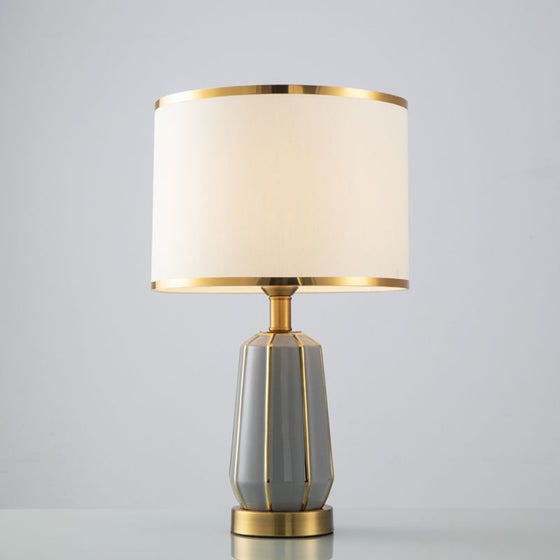 Simple Modern Ceramic Bedside Lamp with Drum Shade and Gold Trim