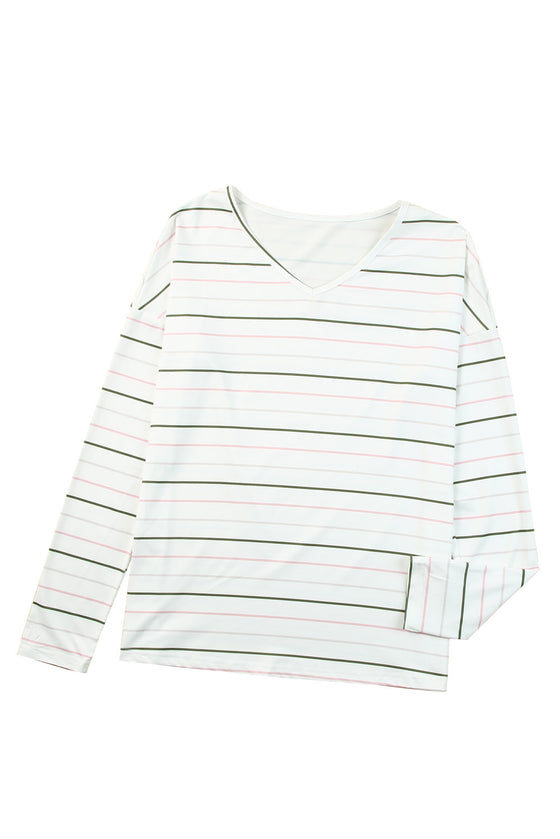 White Striped V Neck Long Sleeve Shirt