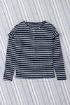 Black and White Striped Snap Button Ruffle Trim Long Sleeve Top