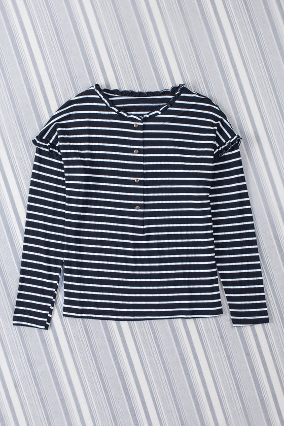 Black and White Striped Snap Button Ruffle Trim Long Sleeve Top