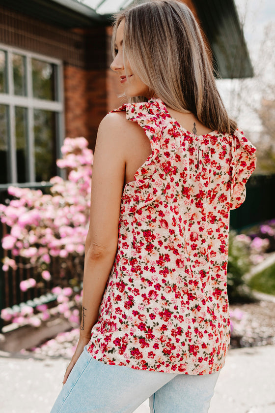 Red Floral Sleeveless Shirt