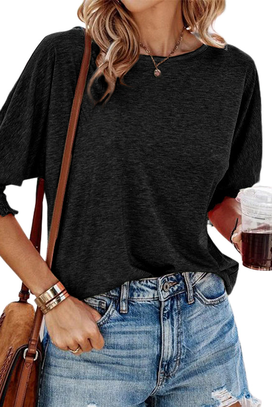 Black Plain Smocked 3/4 Sleeve Casual Loose T Shirt | Available in 3 Colors