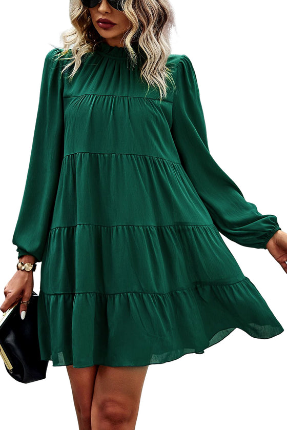 Green Mock Neck Solid Color Pleated Mini Dress