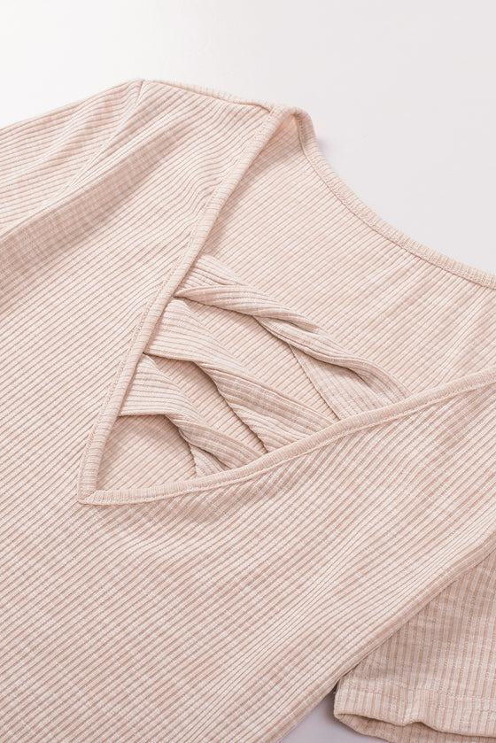 Blush Pink Ribbed Cut Out V Neck T Shirt | Available in Black