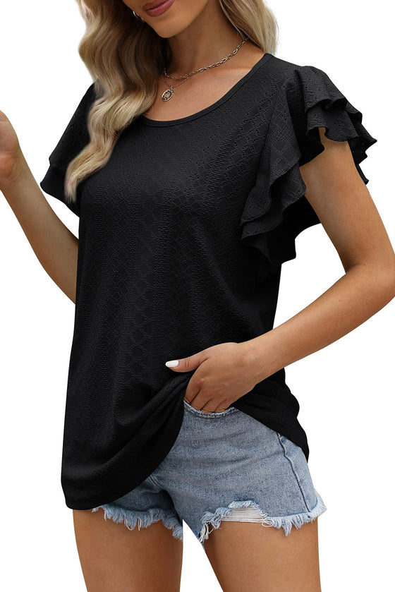 White Eyelet Textured Ruffle Short Sleeve Blouse | Available in Black