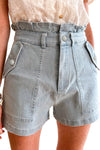 Beau Blue Ruffled High Waist Flap Pockets Denim Shorts