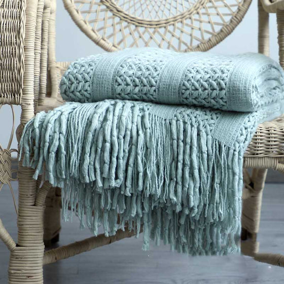 Knitted Throw Blanket with Knotted Tassels