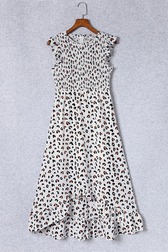 White Smocked Sleeveless Leopard Print Dress