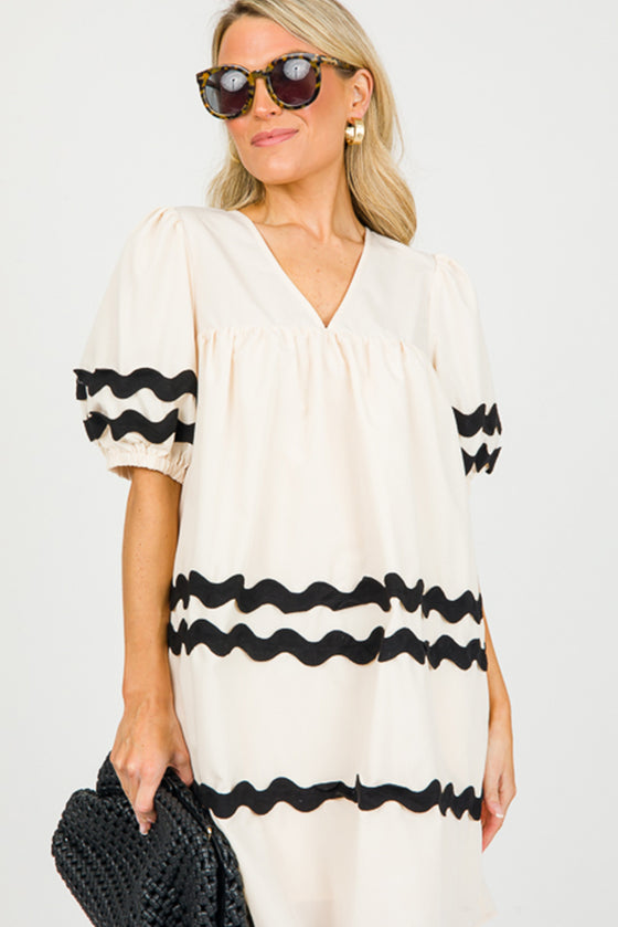 White Short Puff Sleeve Pleated Ric Rac Mini Dress