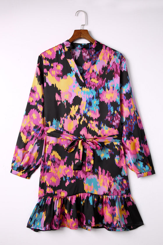 Abstract Print Waist Belted Long Sleeve Dress | Other Colors Available