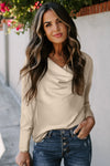 Apricot Elegant Cowl Neck Long Sleeve Blouse