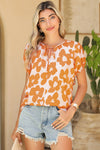 Orange Satin Retro Floral V-Neck Blouse