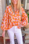 Orange Floral Print Loose Long Sleeve Blouse