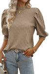 Taupe Textured Ruched Puff Sleeve Mock Neck Top | Available in 2 Colors