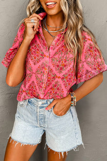  Rose Red Floral Print Short Sleeve Loose Shirt