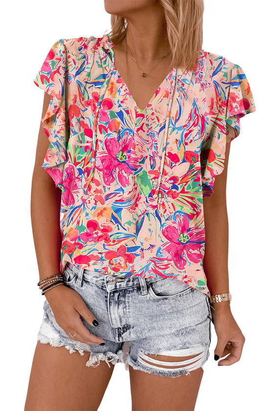 Multicolour Floral Print Tied V-Neck Ruffle Sleeve Blouse