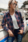 Multicolor Plaid Casual Pockets Asymmetric Long Sleeve Shacket