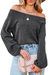 Gray Ribbed Off-Shoulder Balloon Sleeve Top