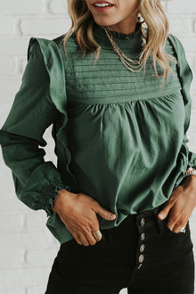  Green Ruffled Solid Color Pleated Long Sleeve Blouse