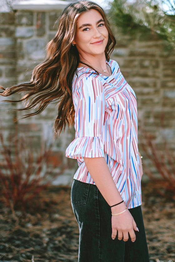 White Striped Abstract Print Ruffle Half Sleeve Blouse