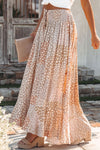 Peach Colored Boho Flower Print Smocked Waist Button Slit Maxi Skirt