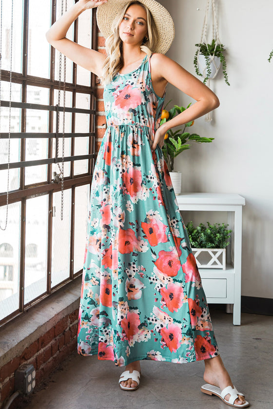 Green Floral Sleeveless Maxi Dress