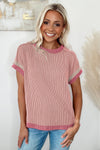 Bright Pink Textured Contrast Color T Shirt | Available in 4 Colors