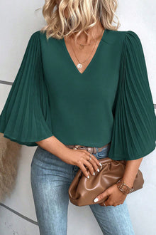  Green Pleated Bell Sleeve V Neck Blouse